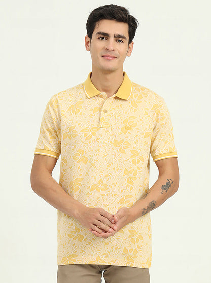 Light Yellow Printed Slim Fit Polo T-Shirt | Greenfibre