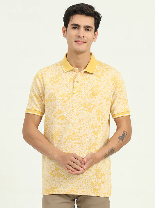 Light Yellow Printed Slim Fit Polo T-Shirt | Greenfibre