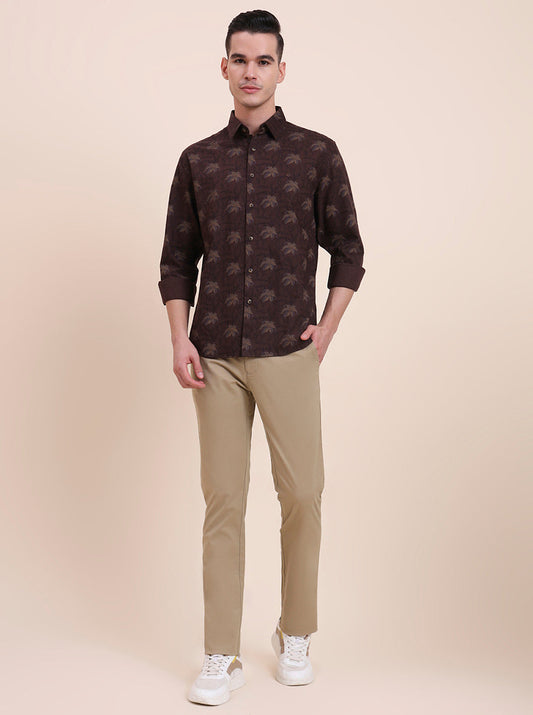 Dark Brown Printed Slim Fit Casual Shirt | Greenfibre