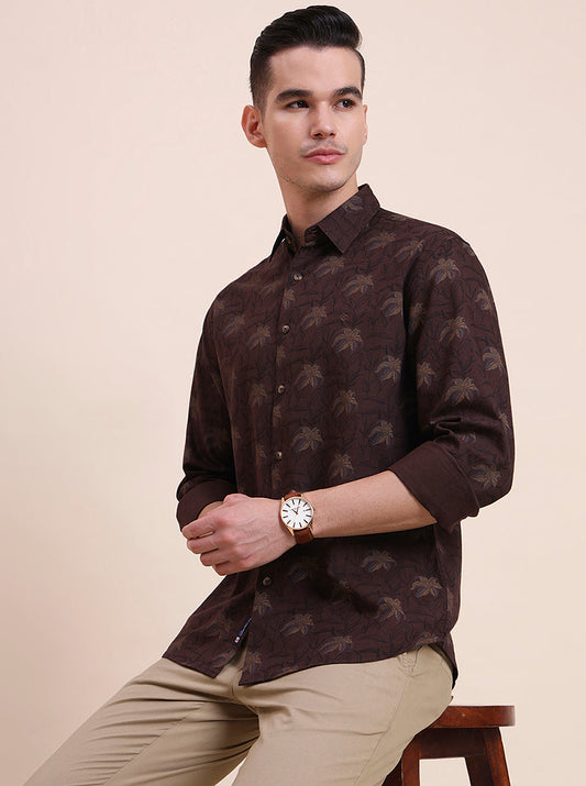 Dark Brown Printed Slim Fit Casual Shirt | Greenfibre
