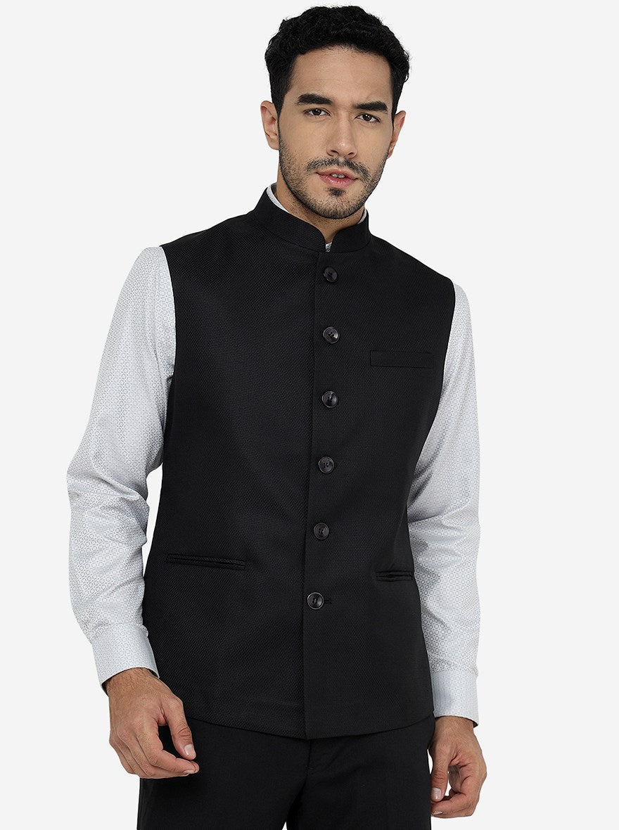 Black Solid Regular Fit Bandhgala Jacket | Greenfibre