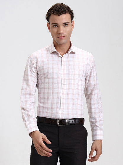 White & Orange Checked Regular Fit Formal Shirt | Greenfibre