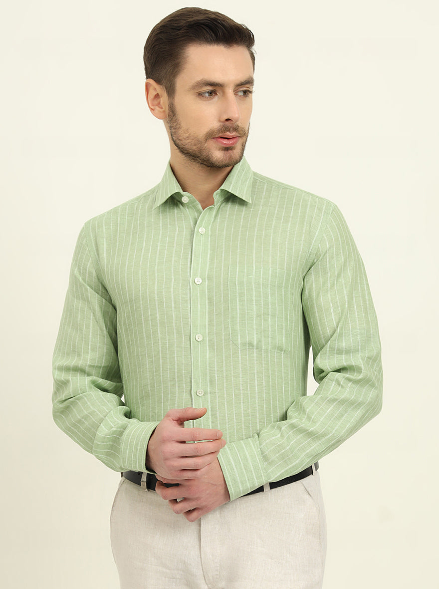 Green Striped Regular Fit Formal Shirt | JadeBlue
