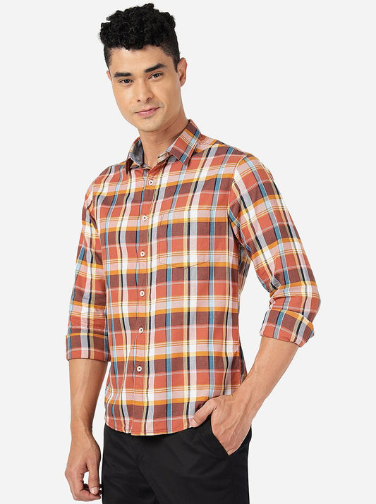 Mocha Mousse Checked Slim Fit Casual Shirt | Greenfibre