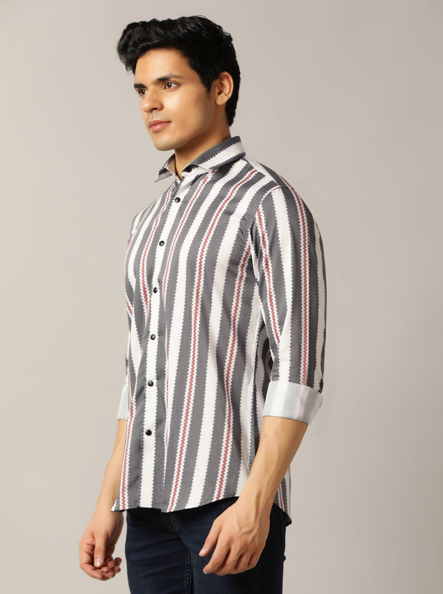 Grey Striped Slim Fit Party Wear Shirt | JB Studio