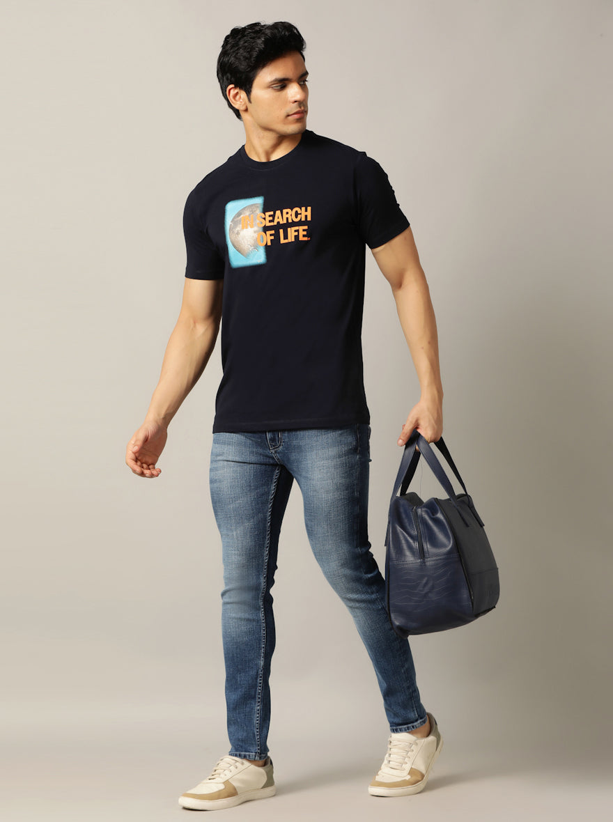 Navy Blue Printed Slim Fit T-Shirt | JadeBlue