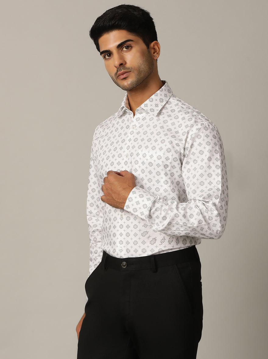 White Printed Regular Fit Formal Shirt | JadeBlue