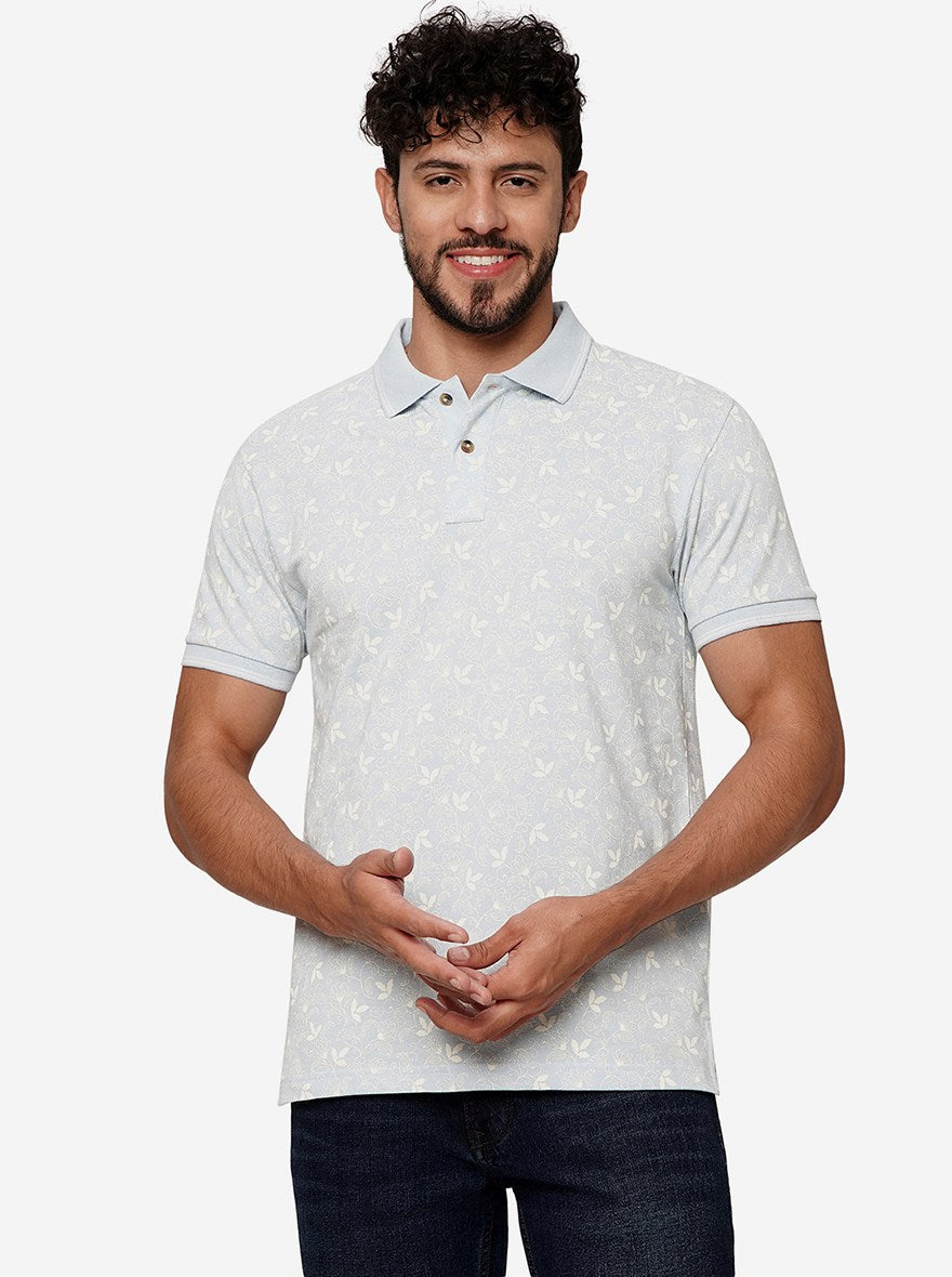 Mist Blue Printed Slim Fit Polo T-Shirt | Greenfibre