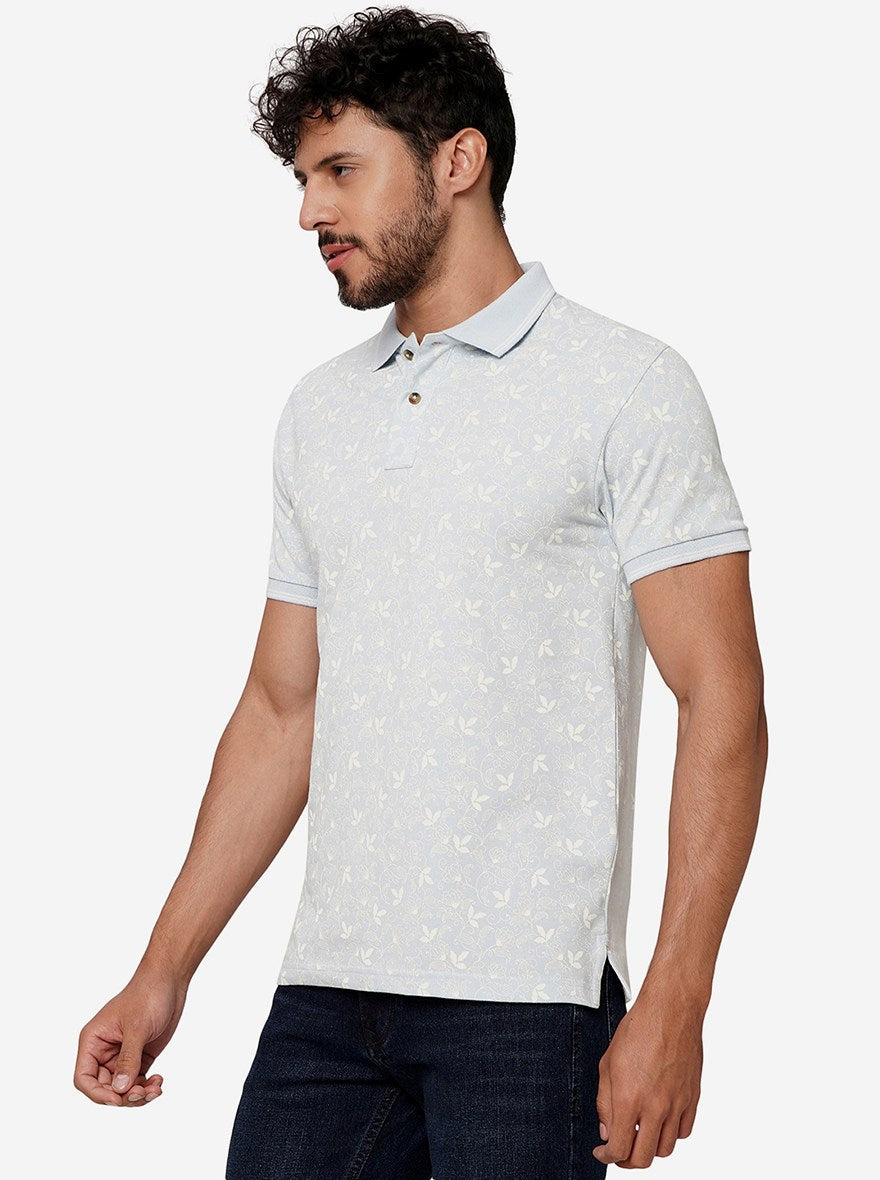 Mist Blue Printed Slim Fit Polo T-Shirt | Greenfibre