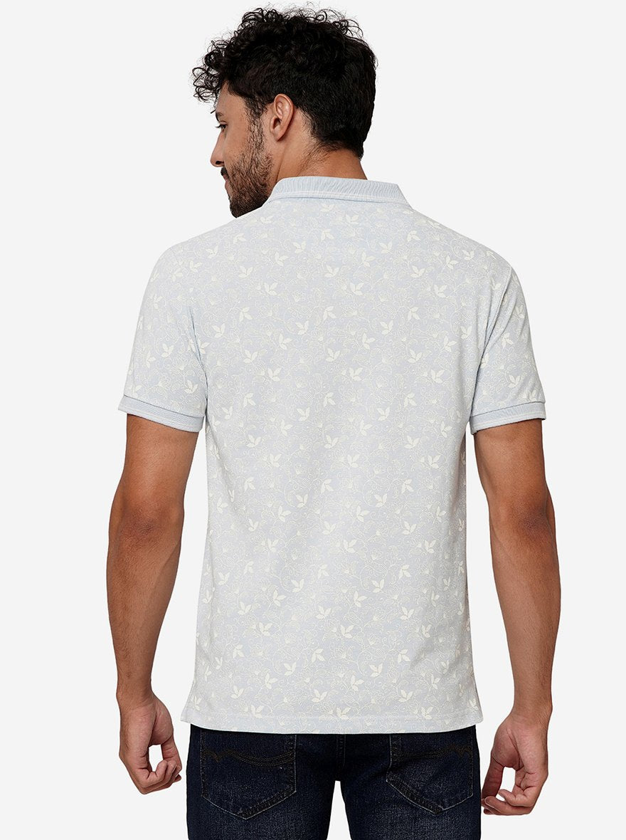 Mist Blue Printed Slim Fit Polo T-Shirt | Greenfibre