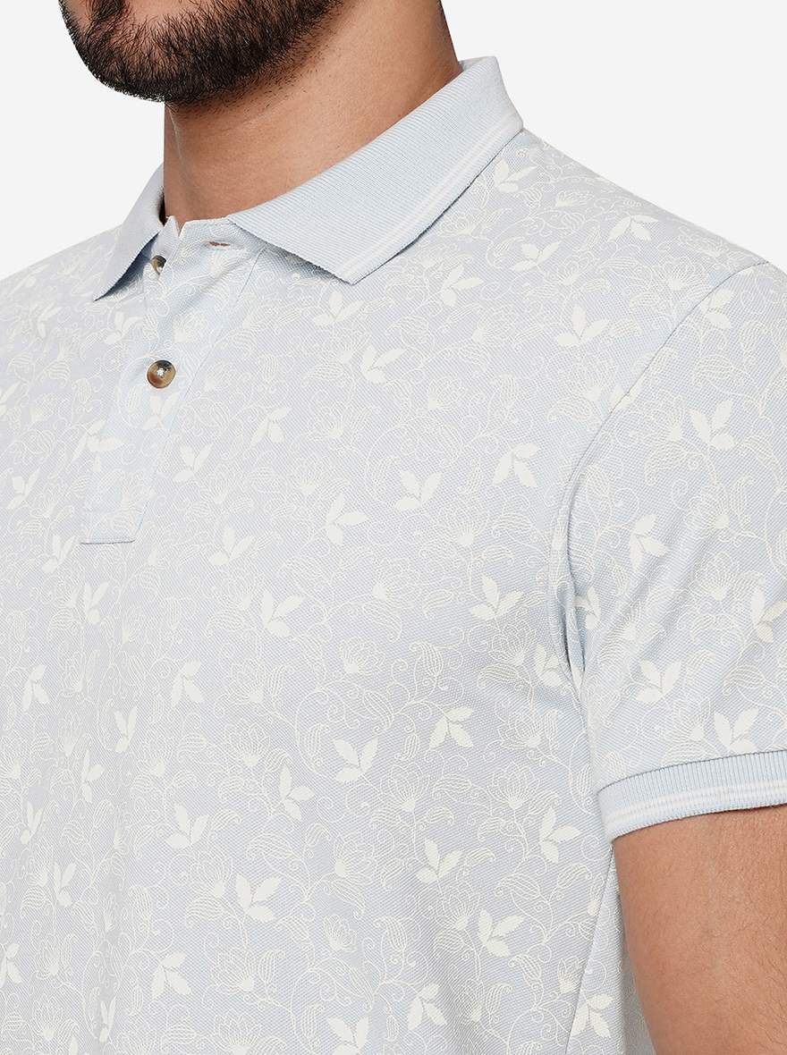 Mist Blue Printed Slim Fit Polo T-Shirt | Greenfibre