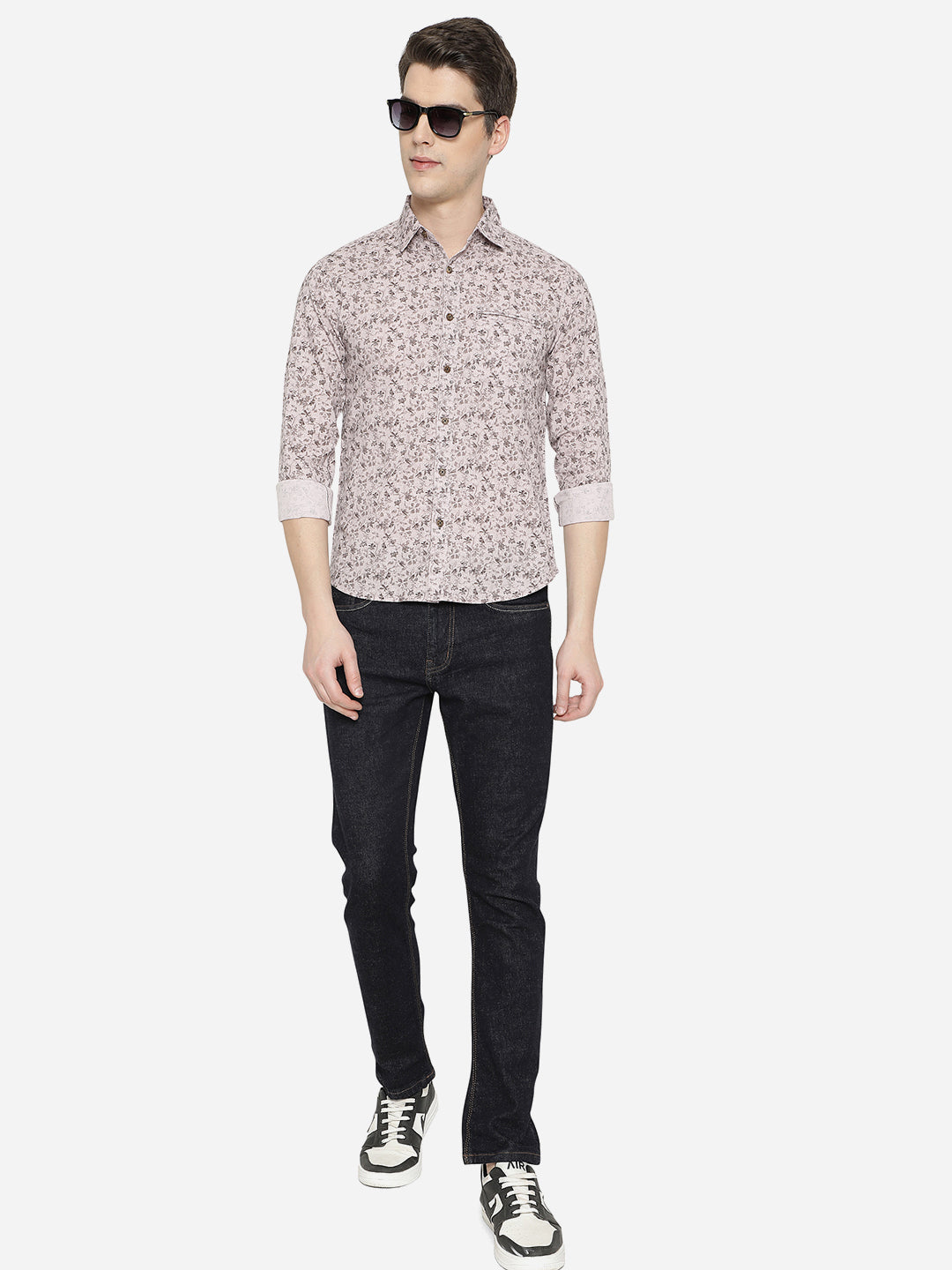 Ice Grey Printed Slim Fit Semi Casual Shirt | Greenfibre