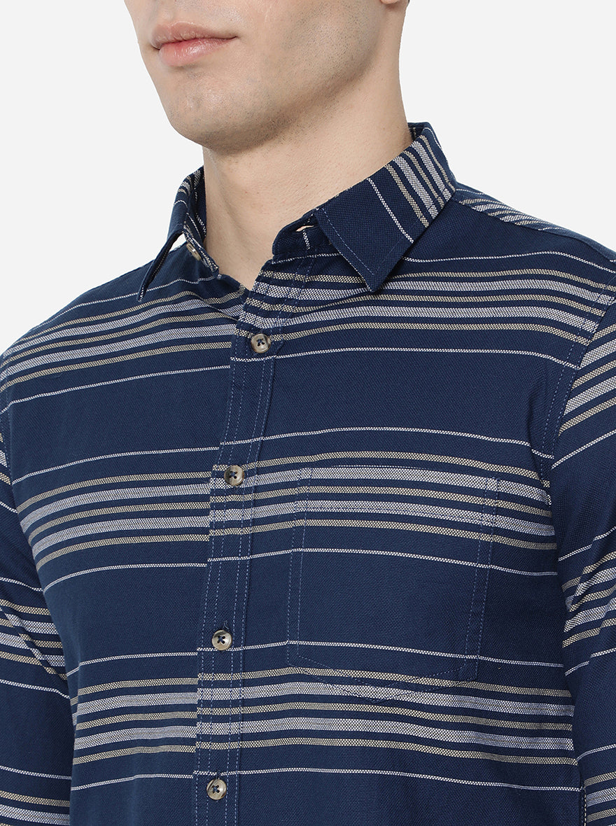 Navy Blue Strped Slim Fit Semi Casual Shirt | Greenfibre