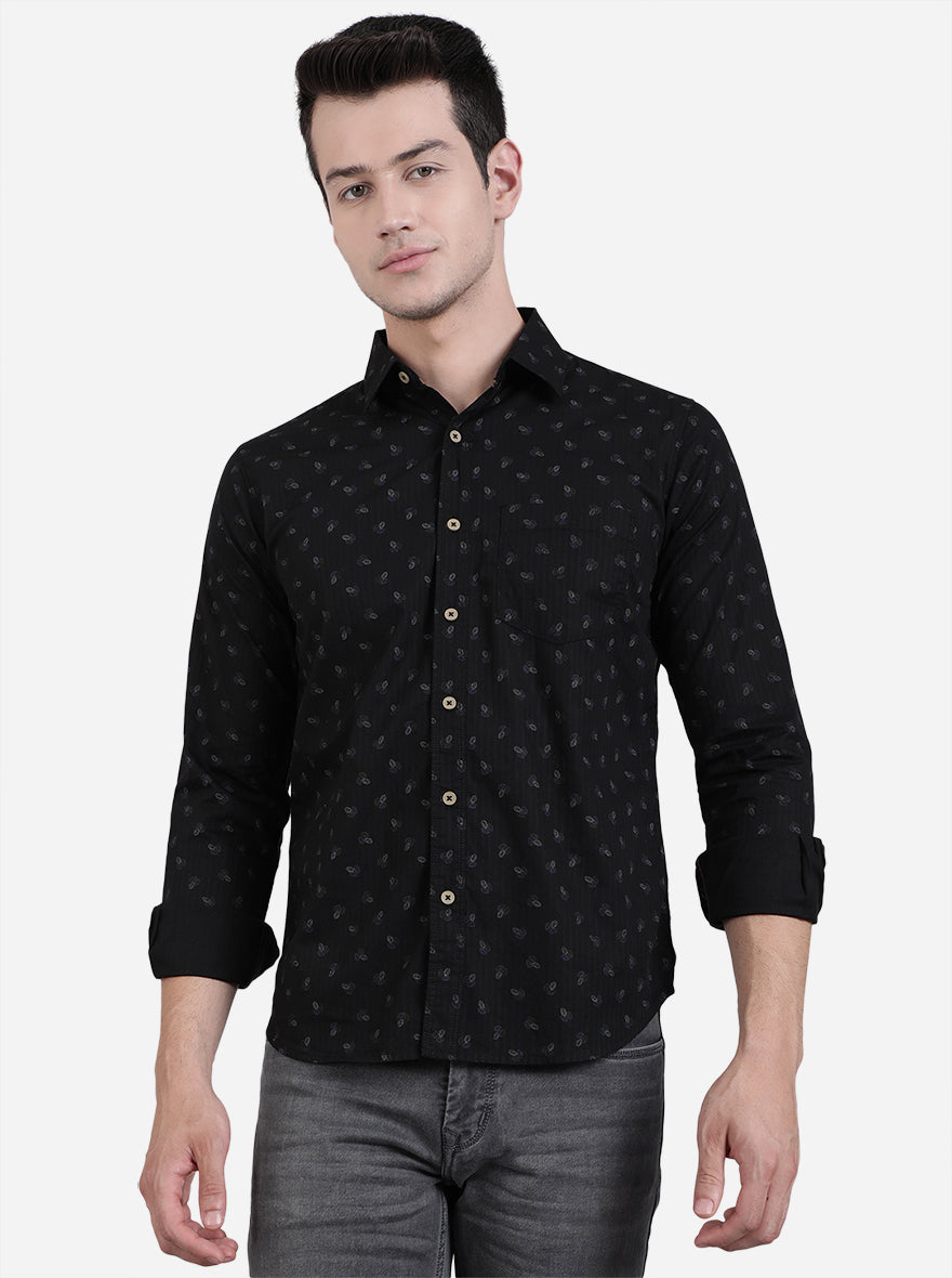 Jet Black Printed Slim Fit Semi Casual Shirt | Greenfibre