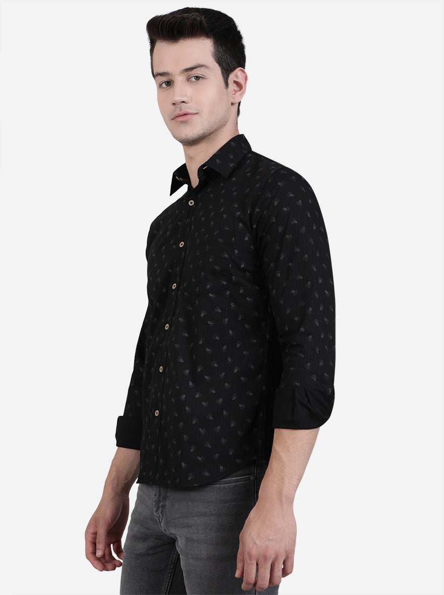 Jet Black Printed Slim Fit Semi Casual Shirt | Greenfibre