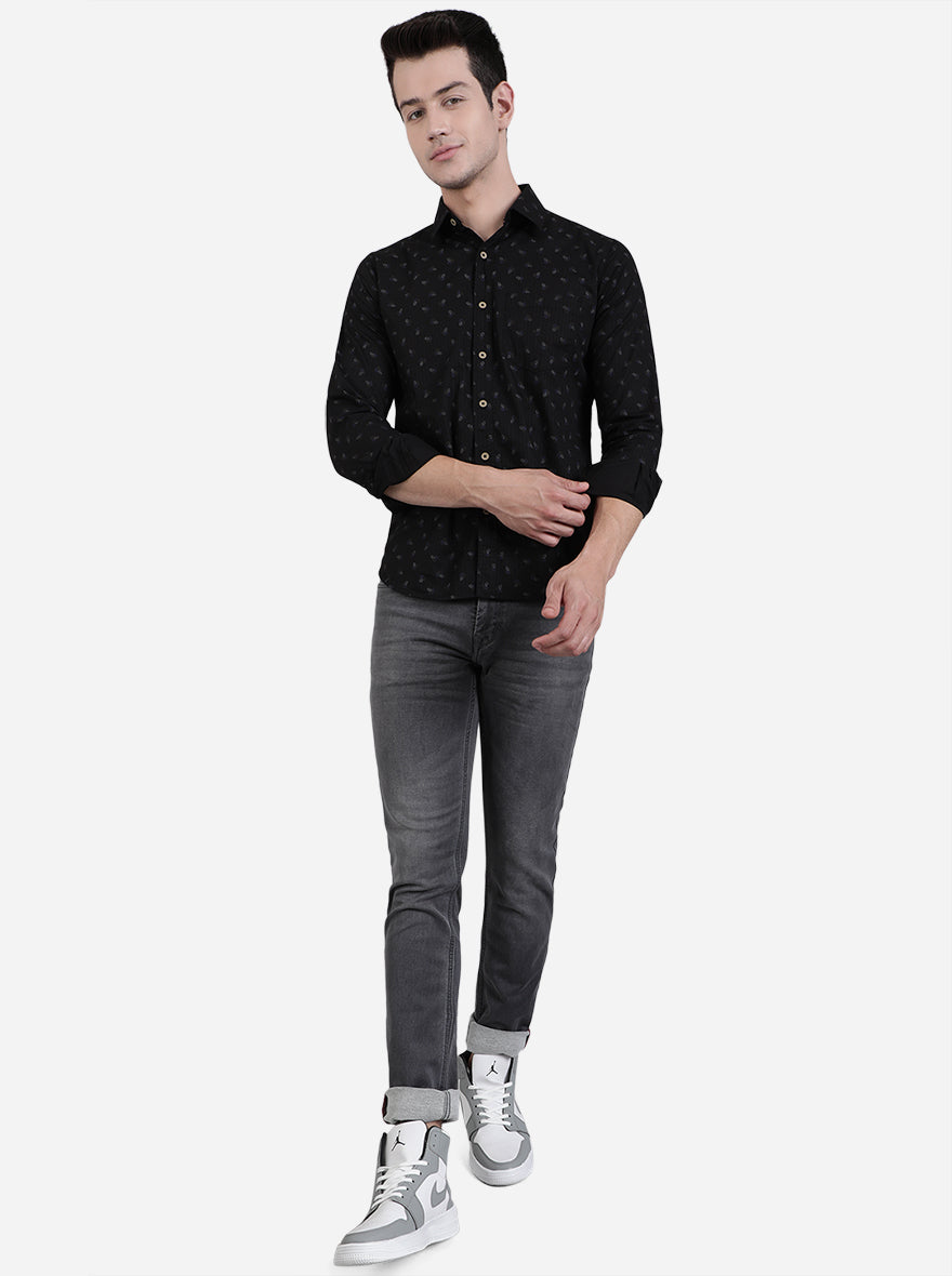 Jet Black Printed Slim Fit Semi Casual Shirt | Greenfibre