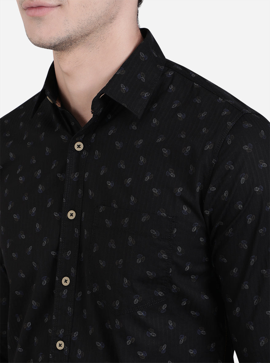 Jet Black Printed Slim Fit Semi Casual Shirt | Greenfibre