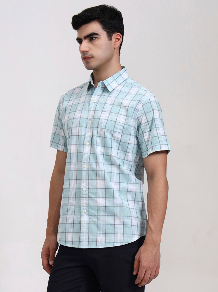 White & Blue Checked Slim Fit Casual Shirt | Greenfibre