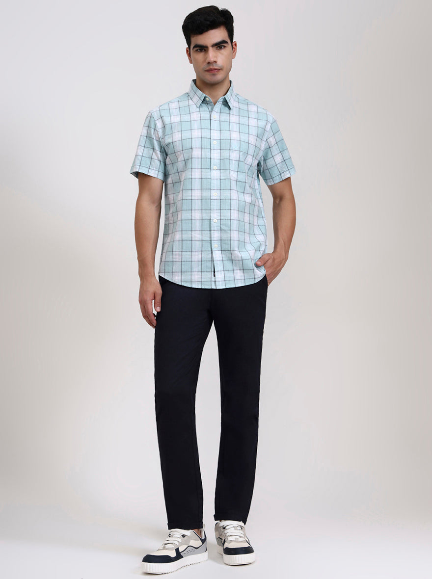 White & Blue Checked Slim Fit Casual Shirt | Greenfibre