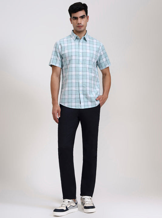 White & Blue Checked Slim Fit Casual Shirt | Greenfibre