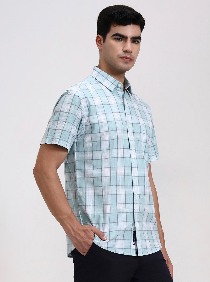 White & Blue Checked Slim Fit Casual Shirt | Greenfibre
