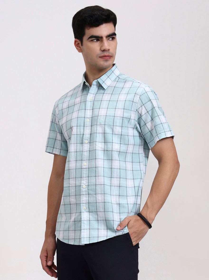 White & Blue Checked Slim Fit Casual Shirt | Greenfibre
