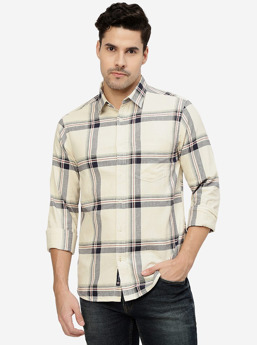 Off White Checked Slim Fit Casual Shirt | Greenfibre