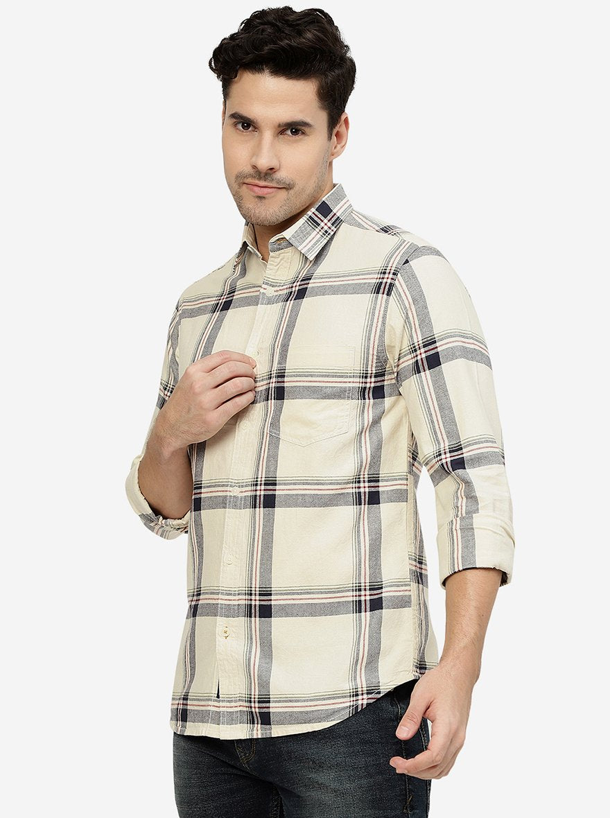 Off White Checked Slim Fit Casual Shirt | Greenfibre