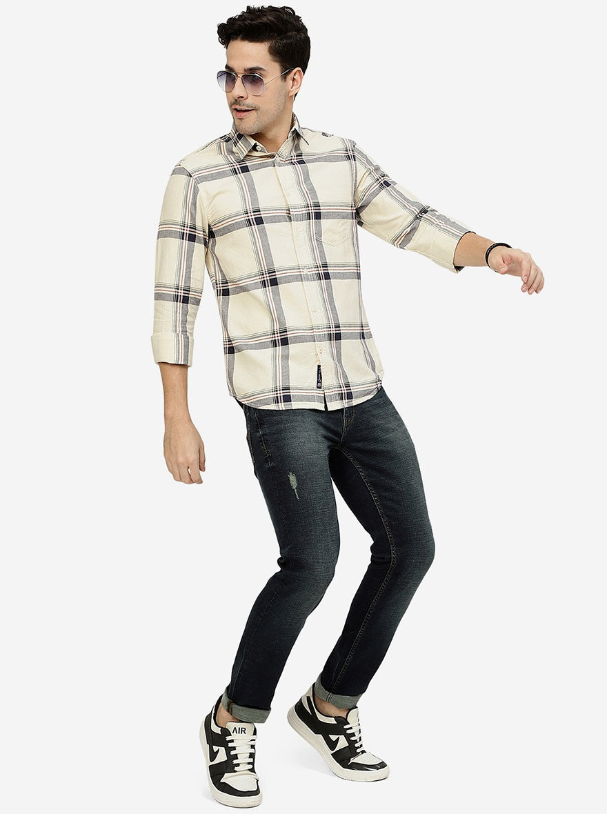 Off White Checked Slim Fit Casual Shirt | Greenfibre