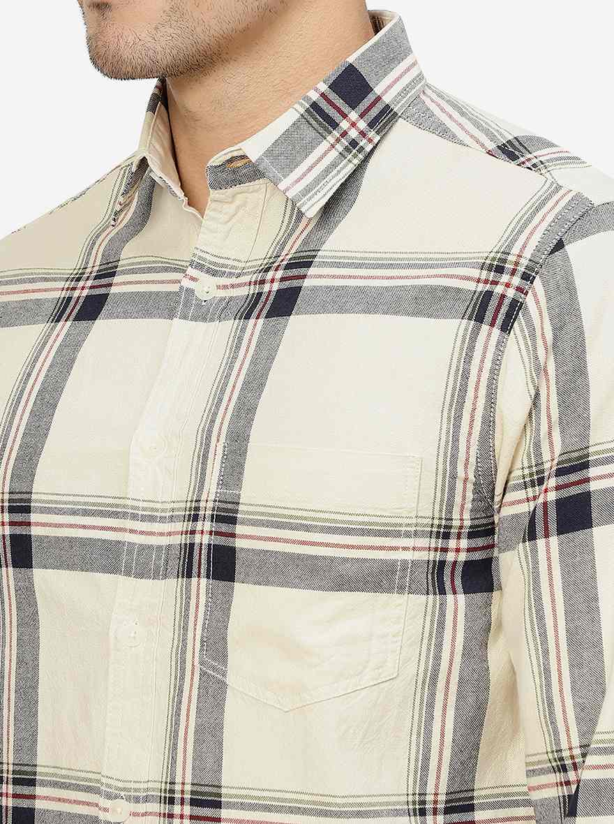 Off White Checked Slim Fit Casual Shirt | Greenfibre