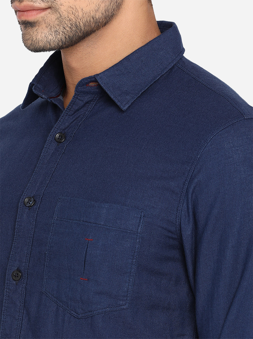 Denim Blue Solid Slim Fit Semi Casual Shirt | Greenfibre