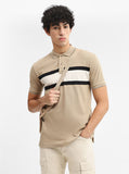 Khaki & Grey Striped Slim Fit Polo T-Shirt | Greenfibre