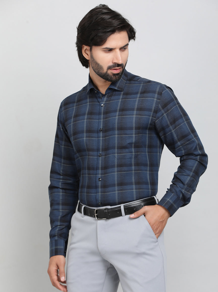 Blue Checked Slim Fit Formal Shirt | Metal