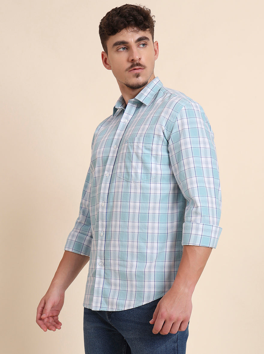 Aqua Blue Checked Smart Fit Semi Casual Shirt | Greenfibre