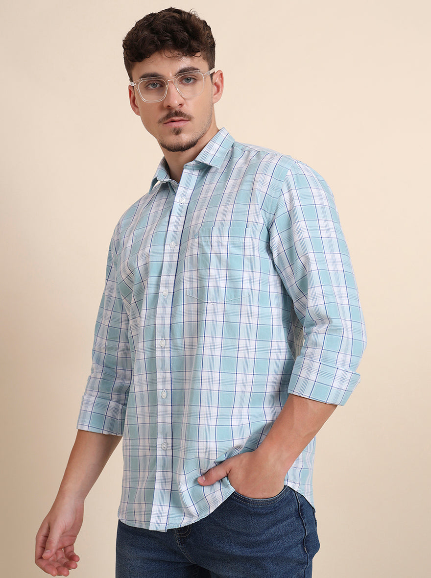 Aqua Blue Checked Smart Fit Semi Casual Shirt | Greenfibre
