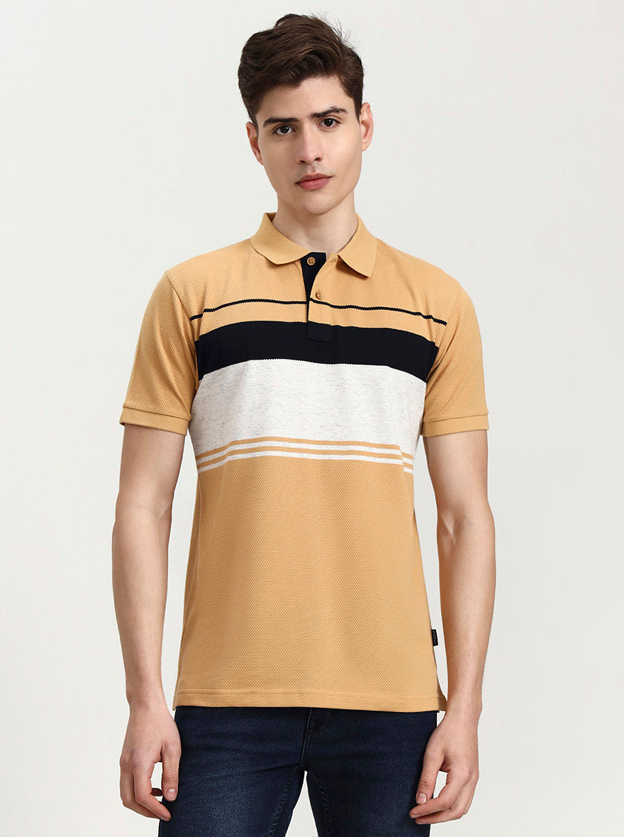 Mustard Grey Striped Slim Fit Polo T-Shirt | Greenfibre