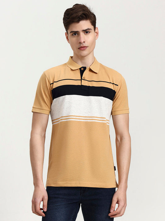 Mustard Grey Striped Slim Fit Polo T-Shirt | Greenfibre