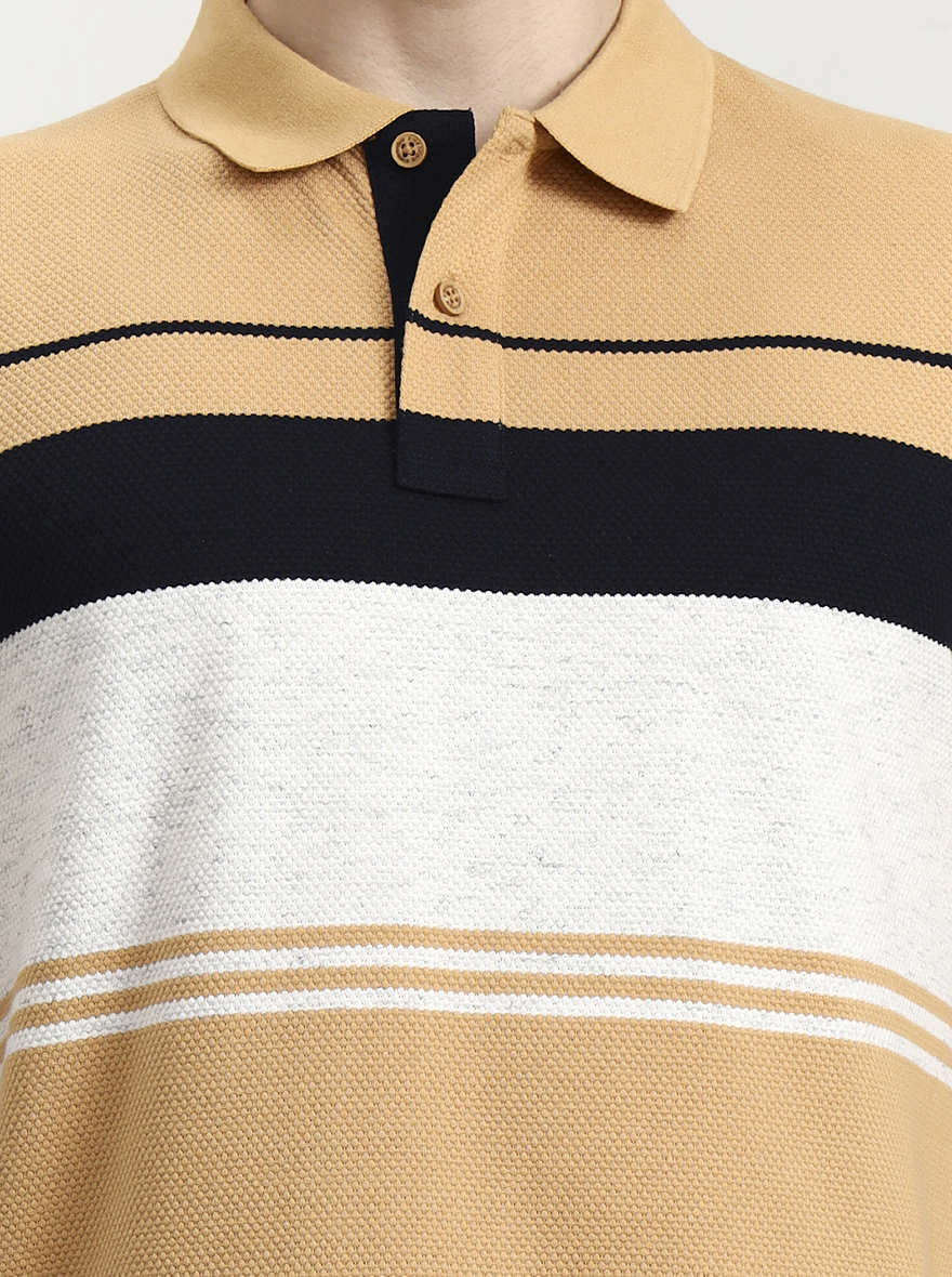 Mustard Grey Striped Slim Fit Polo T-Shirt | Greenfibre