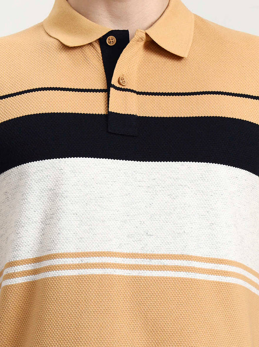 Mustard Grey Striped Slim Fit Polo T-Shirt | Greenfibre