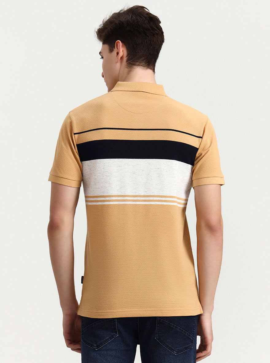 Mustard Grey Striped Slim Fit Polo T-Shirt | Greenfibre