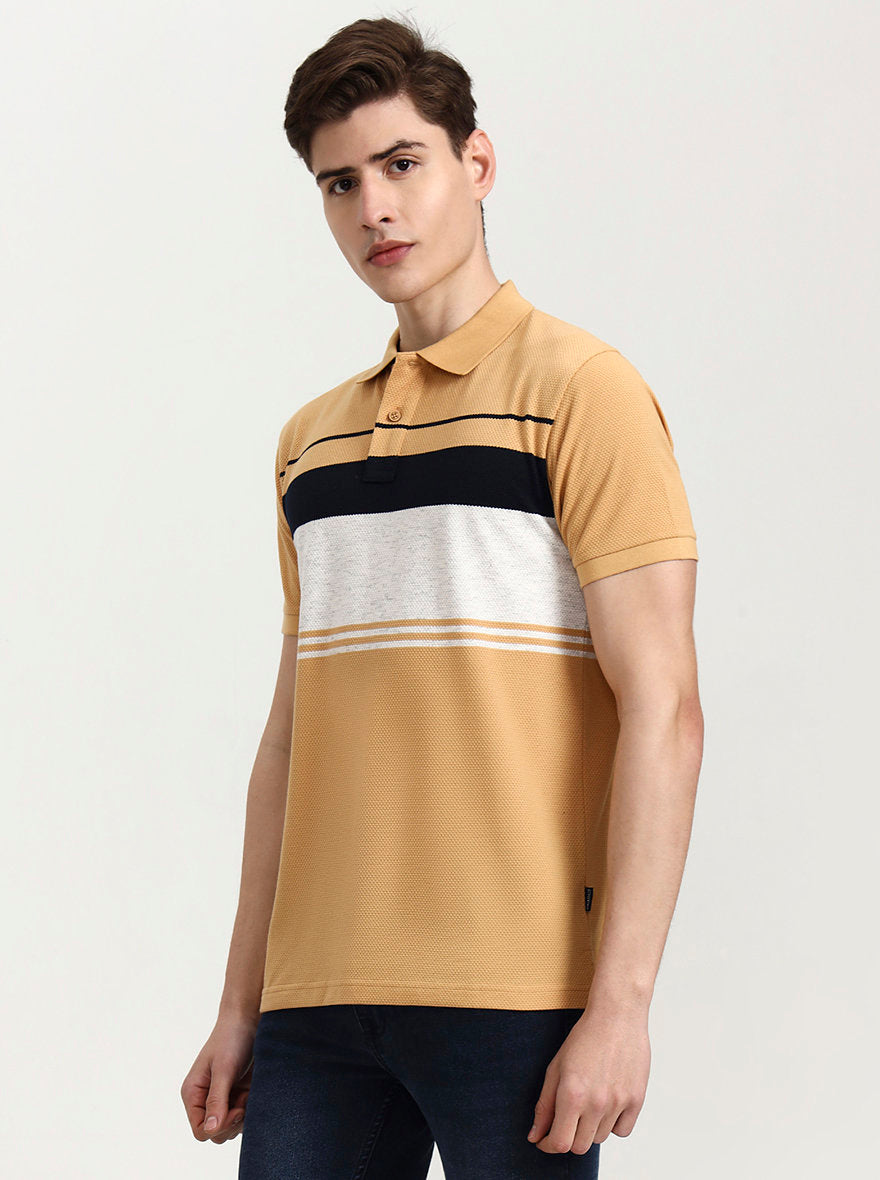 Mustard Grey Striped Slim Fit Polo T-Shirt | Greenfibre