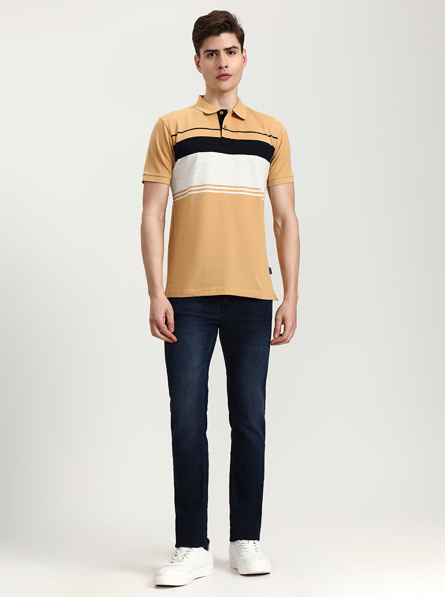 Mustard Grey Striped Slim Fit Polo T-Shirt | Greenfibre
