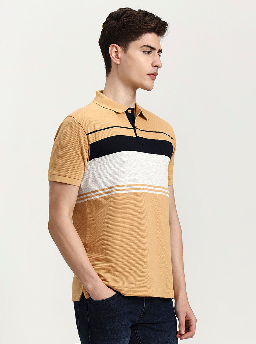 Mustard Grey Striped Slim Fit Polo T-Shirt | Greenfibre