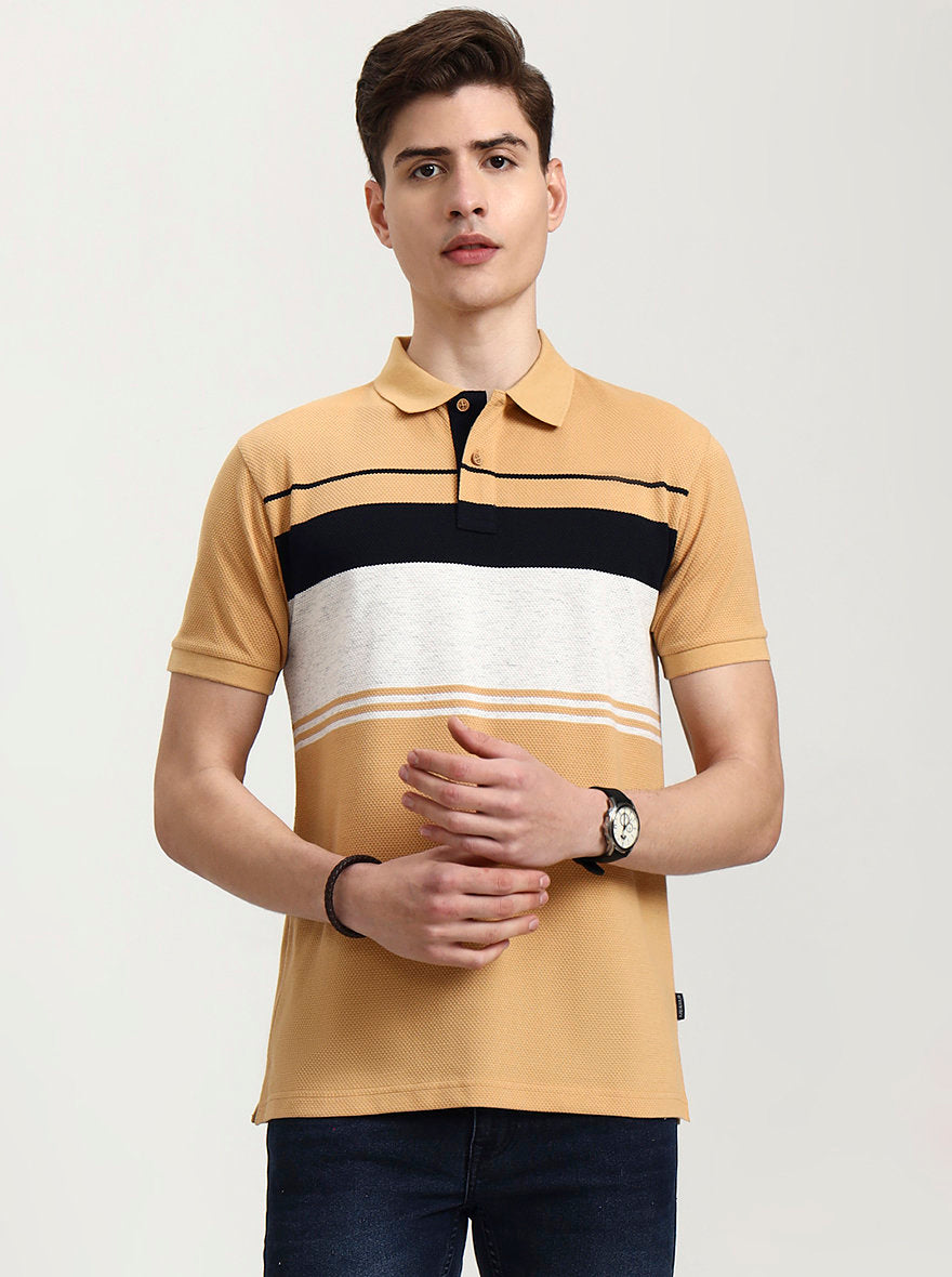 Mustard Grey Striped Slim Fit Polo T-Shirt | Greenfibre
