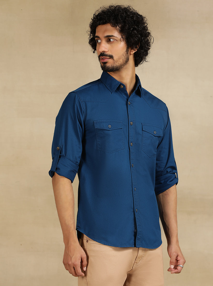 Navy Blue Solid Slim Fit Casual Shirt | Greenfibre