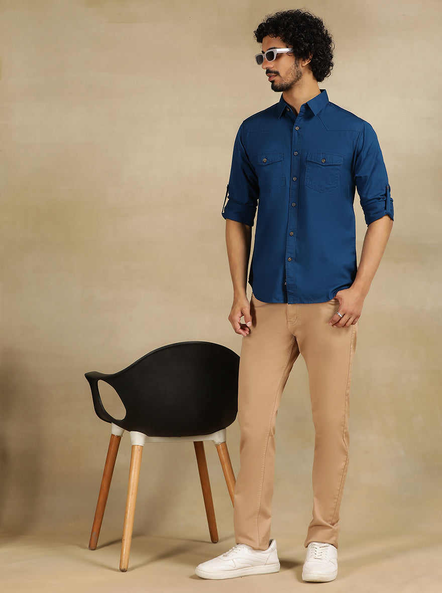 Navy Blue Solid Slim Fit Casual Shirt | Greenfibre