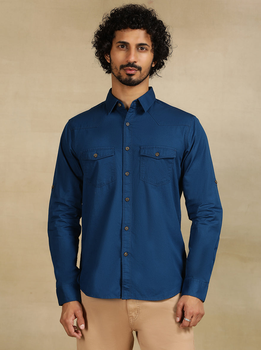 Navy Blue Solid Slim Fit Casual Shirt | Greenfibre