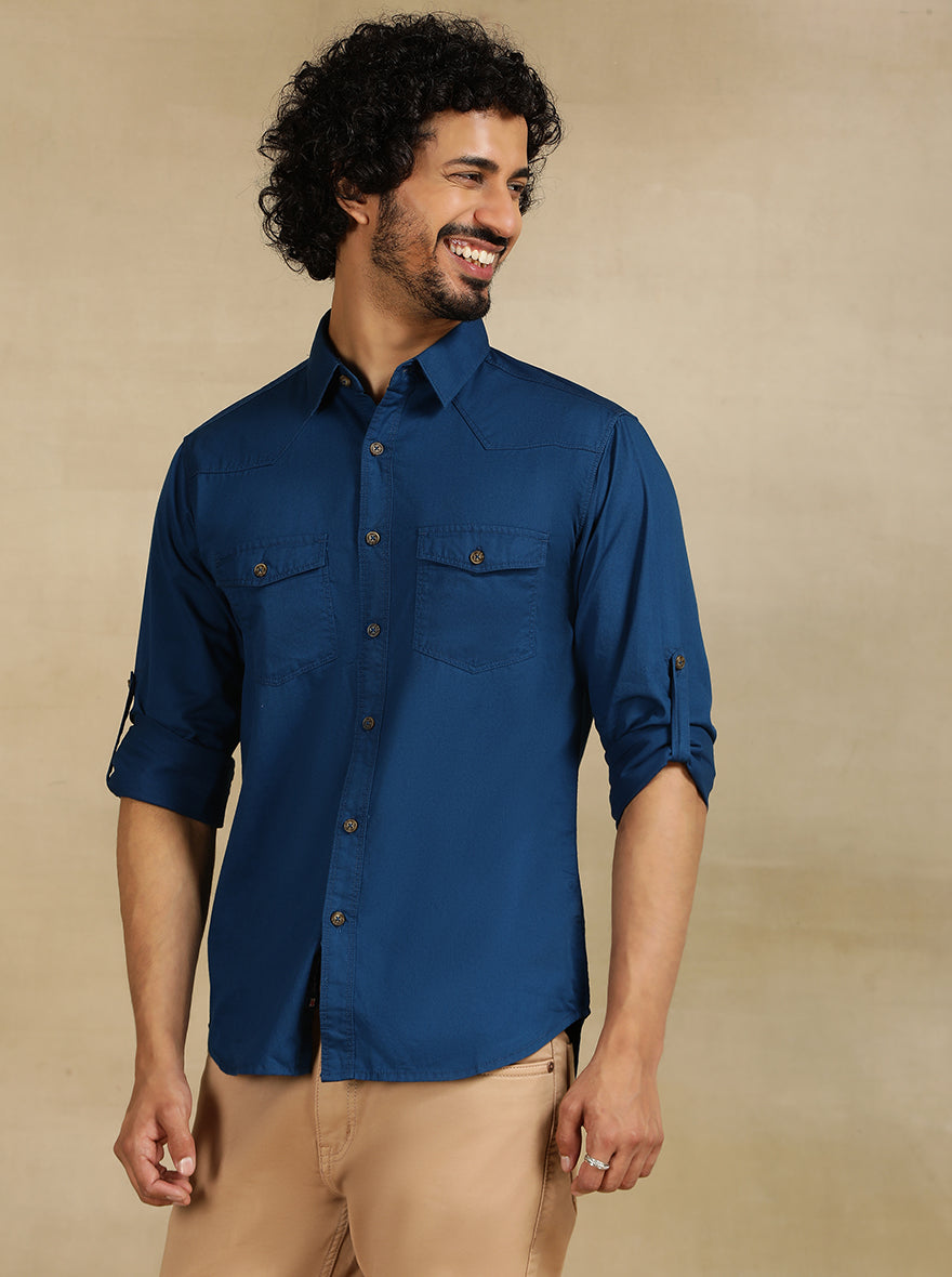 Navy Blue Solid Slim Fit Casual Shirt | Greenfibre