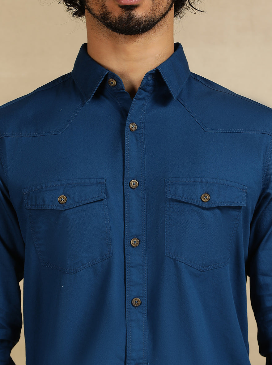 Navy Blue Solid Slim Fit Casual Shirt | Greenfibre