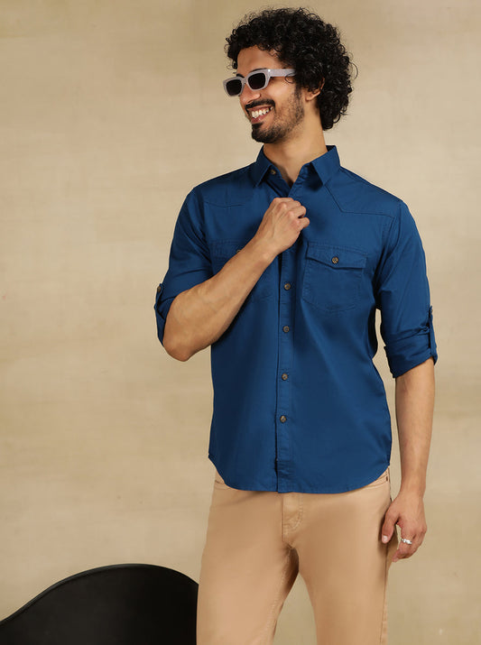 Navy Blue Solid Slim Fit Casual Shirt | Greenfibre